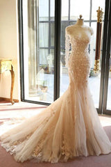 Mermaid Designer Open Back Sheer Flowers Long Sleeve Wedding Dress