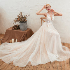 Designer Scoop Tulle Wedding Dress With Lace Appliques and Open Back