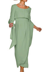 Two Piece Sheath / Column Mother of the Bride Dress Wedding Guest Elegant Square Neck Ankle Length Stretch Fabric Sleeveless Short Jacket Dresses with Buttons Pleats