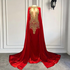 Mermaid prom -jurken met rode schep halslijn en kralen cape