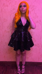 Black Sequins V Neck Homecoming Dresses,Tiered Hoco Dress, AST1159