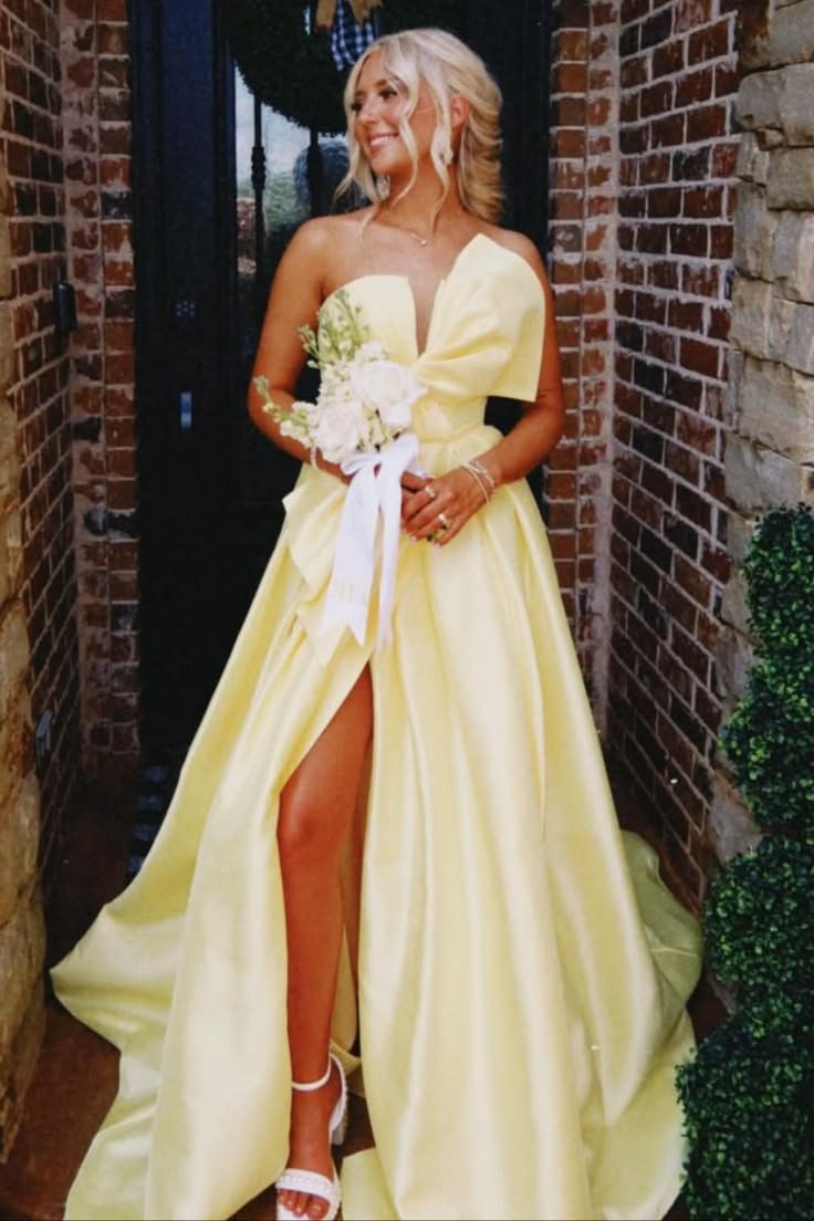 Strapless A-Line Big Bow Empire-Waist Satin Long Prom Formal Dress