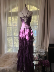 Romantic Purple Ruffle Chiffon Sleeveless Long Elegant Ball Gown Evening Dress Birthday Party Dress gh4270