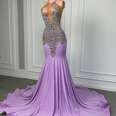 Lange lila mouwloze halter zeemeermin prom -jurk met kralen