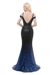 Sequin Spaghetti Straps Long Blue Mermaid Evening Dress