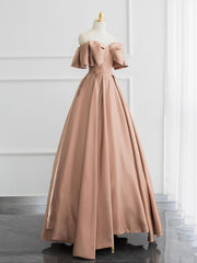 Champagne A-Line Off Shoulder Satin Long Prom Dress, Champagne Formal Dress