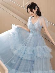 A-Line Sweetheart Neck Tulle Blue Long Prom Dress, Blue Long Formal Dress