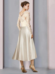 A-Line Mother of the Bride Dress Wedding Guest Elegant Jewel Neck Tea Length Satin Lace Half Sleeve with Bow(s) Pleats Appliques