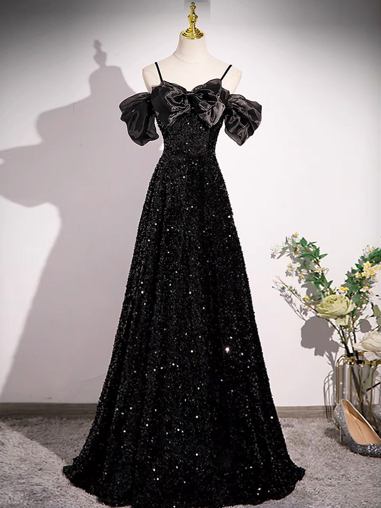 A-Line Off Shoulder Velvet Sequin Long Black Prom Dress, Black Long Evening Dress