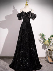 Black Off Shoulder Velvet Sequin Long Prom Dress, Black Long Evening Dress