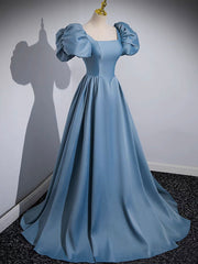 A-Line Puff Sleeves Satin Blue Long Prom Dress, Blue Long Formal Dress
