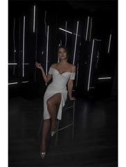 Wholesale Bachelorette Party Sparkle & Shine Little White Dresses Wedding Dresses Sheath / Column Off Shoulder Cap Sleeve Tea Length Sequined Bridal Gowns With Ruched Split Front