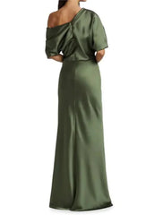 Sheath / Column Mother of the Bride Dress Wedding Guest Elegant Party Off Shoulder Sweep / Brush Train Satin Half Sleeve with Ruching