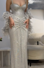 Sexy Mermaid Straps Silver Sequin Long Prom Dresses Party Dress 20th Birthday Outfits Graduation Dresses DH2217