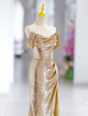 Modest Mermaid Off The Shoulder Gold Sequin Long Evening Party Gowns Evening Dress Special Formal Dresses Prom Dress DH2791