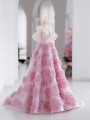 Cute Ball Gown Off The Shoulder Floral Pink Tulle Long Evening Party Gowns Evening Dress Special Formal Dresses Prom Dress H2797