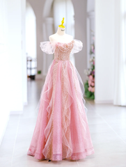 Cute A line Off The Shoulder Sequin Pink Tulle Long Evening Party Gowns Evening Dress Special Formal Dresses Prom Dress DH2798