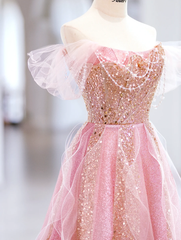 Cute A line Off The Shoulder Sequin Pink Tulle Long Evening Party Gowns Evening Dress Special Formal Dresses Prom Dress DH2798