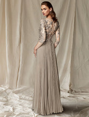 A-Line Mother of the Bride Dress Wedding Guest Elegant Plus Size V Neck Floor Length Chiffon Lace Half Sleeve with Pleats Appliques
