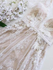 Beach Boho Wedding Dresses A-Line V Neck Short Sleeve Sweep / Brush Train Lace Bridal Gowns With Draping Appliques