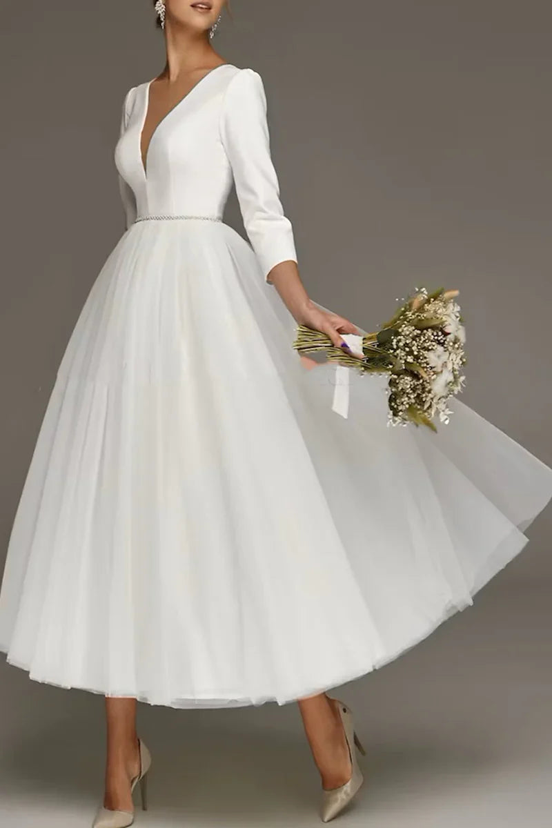 Bridal 1940s / 1950s Wedding Dresses Tea Length 3/4 Sleeves Bridal Gown Wedding Dresses