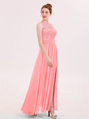 Illusion Neck Lace and CHIffon Dress with Slit Flamingo