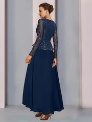 Sheath / Column Mother of the Bride Dress Wedding Guest Elegant Sparkle & Shine V Neck Asymmetrical Chiffon Lace Sequined Long Sleeve