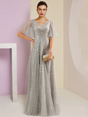 Aimishang  Sheath / Column Mother of the Bride Dress Party Sparkle & Shine V Neck Floor Length Lace Tulle Short Sleeve with Pleats Sequin