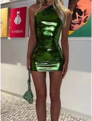 Women's Party Dress Homecoming Dress Wedding Guest Dress Mini Dress Blue Gold Green Sleeveless Pure Color Ruched Summer Spring Fall One Shoulder Party Vacation Summer Dress