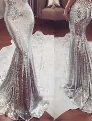 Mermaid / Trumpet Evening Gown Sparkle & Shine Dress Formal Wedding Guest Chapel Train Sleeveless V Neck Sequined with Sequin