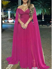 Aimishang A-Line Evening Gown Elegant Dress Formal Wedding Party Sweep / Brush Train Sleeveless Off Shoulder Capes Chiffon with Pleats