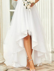 Wholesale Bridal Shower Wedding Dresses Little White Dresses Simple A-Line V Neck Long Sleeve Asymmetrical Chiffon Bridal Gowns With Solid Color Summer Wedding Party