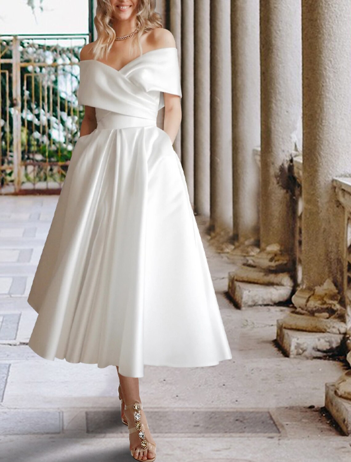 Wholesale Reception Wedding Dresses Simple Wedding Dresses Ball Gown Off Shoulder Cap Sleeve Tea Length Lace Bridal Gowns With Pleats Appliques Summer Wedding Party
