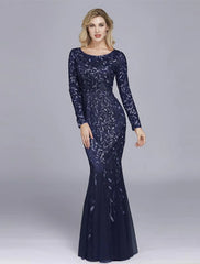 Mermaid / Trumpet Empire Elegant Party Wear Formal Evening Valentine's Day Dress Jewel Neck Long Sleeve Floor Length Tulle with Embroidery 2024 / Illusion Sleeve