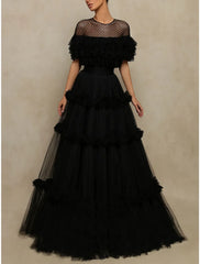 A-Line Prom Dresses Elegant Dress Formal Floor Length Short Sleeve Jewel Neck Tulle with Pleats Ruffles