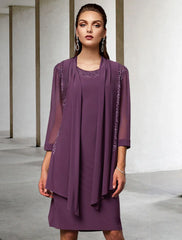 Two Piece Sheath / Column Mother of the Bride Dress Elegant Jewel Neck Knee Length Chiffon Lace Sleeveless Jacket Dresses with Solid Color