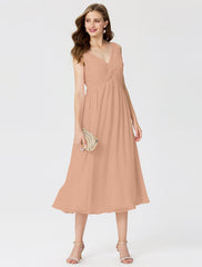 Ball Gown / A-Line V Neck Tea Length Chiffon Bridesmaid Dress with Criss Cross / Beading