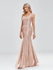 Mermaid / Trumpet Evening Gown Sparkle Dress Wedding Guest Formal Evening Floor Length Sleeveless V Neck Tulle V Back with Sequin Splicing