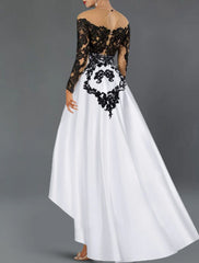 A-Line Cocktail Dresses Elegant Dress Wedding Party Semi Formal Asymmetrical Long Sleeve Off Shoulder Fall Wedding Guest Satin with Beading Embroidery Appliques