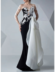 Mermaid / Trumpet Evening Gown Color Block Dress Formal Wedding Guest Floor Length Long Sleeve Jewel Neck Satin with Appliques