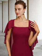 DingjiMermaid / Trumpet Mother of the Bride Dress Vintage Elegant Square Neck Sweep / Brush Train Chiffon Short Sleeve with Ruffles Appliques