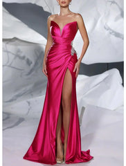A-Line Prom Dresses Elegant Dress Formal Prom Floor Length Sleeveless Strapless Satin with Glitter Ruched Sequin