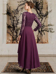 A-Line Mother of the Bride Dress Elegant High Low V Neck Asymmetrical Ankle Length Chiffon Lace Long Sleeve