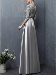 A-Line Mother of the Bride Dress Wedding Guest Elegant Vintage High Neck Floor Length Satin Half Sleeve with Bow(s) Appliques