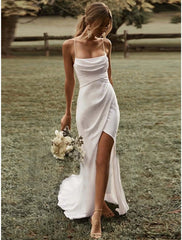 Wholesale Beach Simple Simple Wedding Dresses Sheath / Column Square Camisole Spaghetti Strap Sweep / Brush Train Stretch Fabric Bridal Gowns With Ruched Split Front