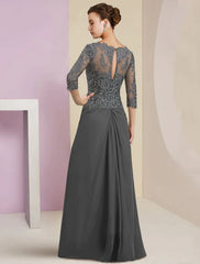 Sheath / Column Mother of the Bride Dress Formal Wedding Guest Elegant V Neck Floor Length Chiffon Lace 3/4 Length Sleeve with Appliques