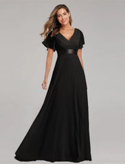 A-Line Prom Dresses Red Green Dress Fall Wedding Guest Dress For Bridesmaid Floor Length Short Sleeve V Neck Chiffon V Back with Ruched Ruffles