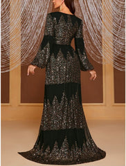 Sheath / Column Evening Gown Elegant Dress Formal Sweep / Brush Train Long Sleeve V Neck Polyester with Pleats Sequin Slit