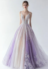 Fairy A-line Purple Prom Dress V-Neck Tulle  Sleeveless Long Evening Dress DP05091