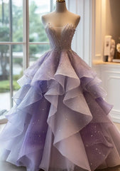 Fairy A-line Purple Prom Dress Strapless Tulle Sleeveless Long Sweet 16 Dress DP05093